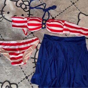 Red White Blue 3-Piece Bikini Set - Striped Top/Bottom + Blue Skirt